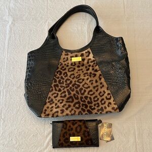 Brahmin pony hair leopard print tote bag with NWT matching wallet
